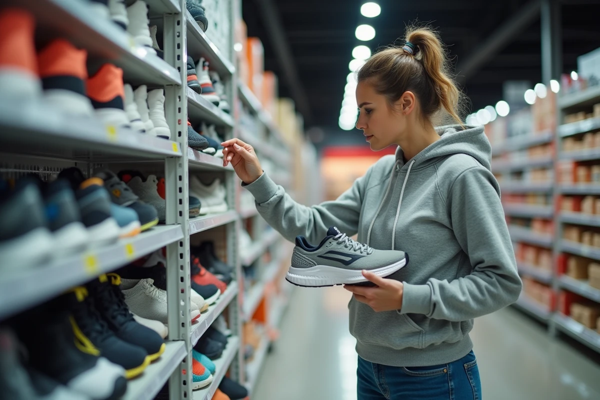 Cliente examinant des chaussures de running dans un magasin de sport alternatif à Strasbourg