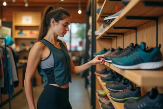 Femme trail runner comparant des chaussures de trail dans un magasin spécialisé trailrunningstore