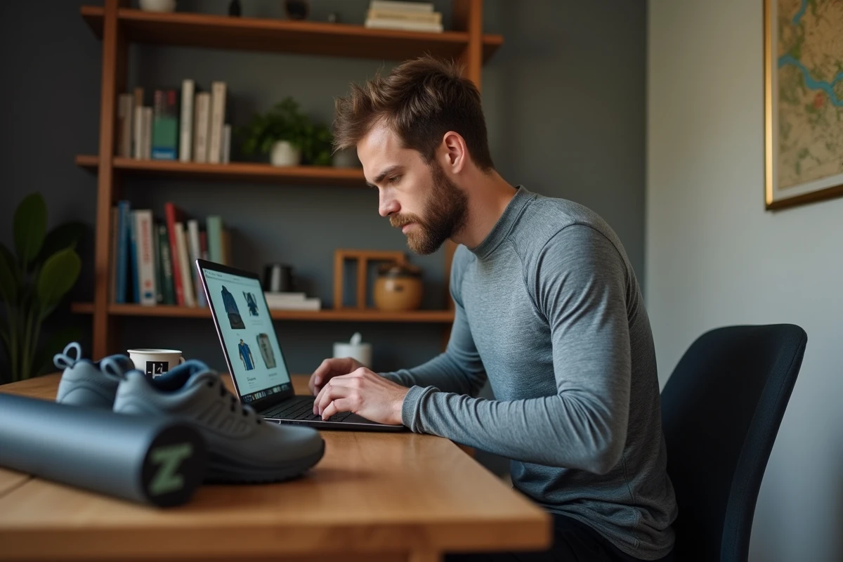 Homme trail runner achetant du matériel de trail en ligne sur un site spécialisé depuis son bureau