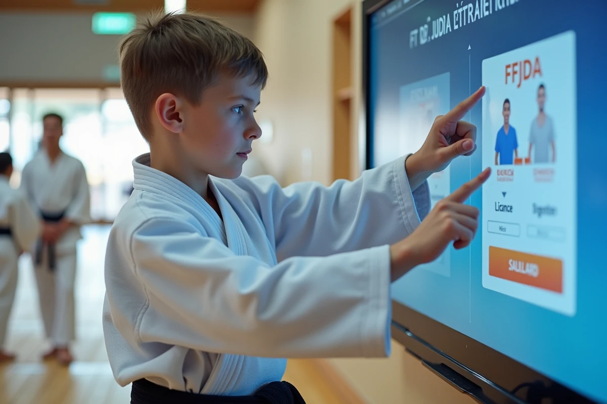 Adolescent en judogi pointant une licence sur écran tactile dans dojo