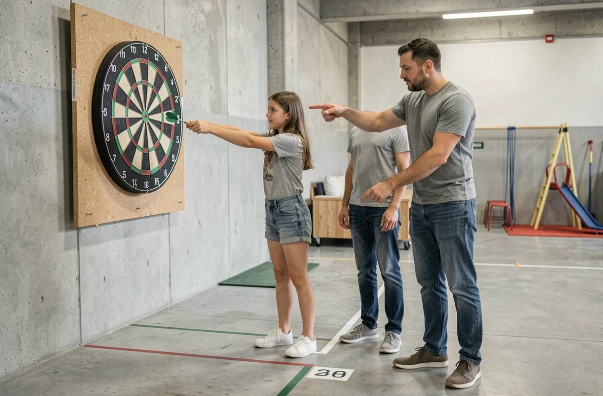 Adolescente pratiquant les fléchettes sous la supervision d'un adulte dans un centre de loisirs avec une distance de lancer réglementée