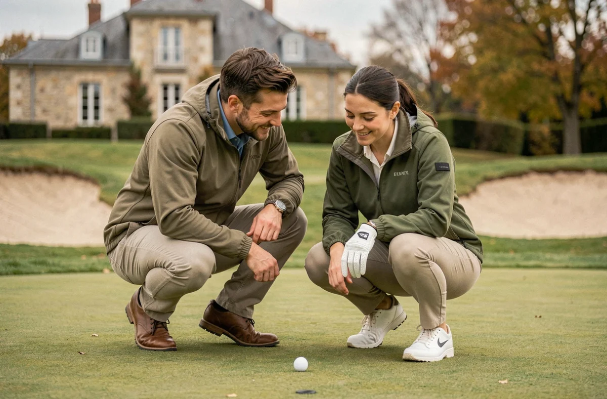 Deux amis lisant un putt ensemble sur un green de golf près de Paris, ambiance détendue de sortie golf du week-end