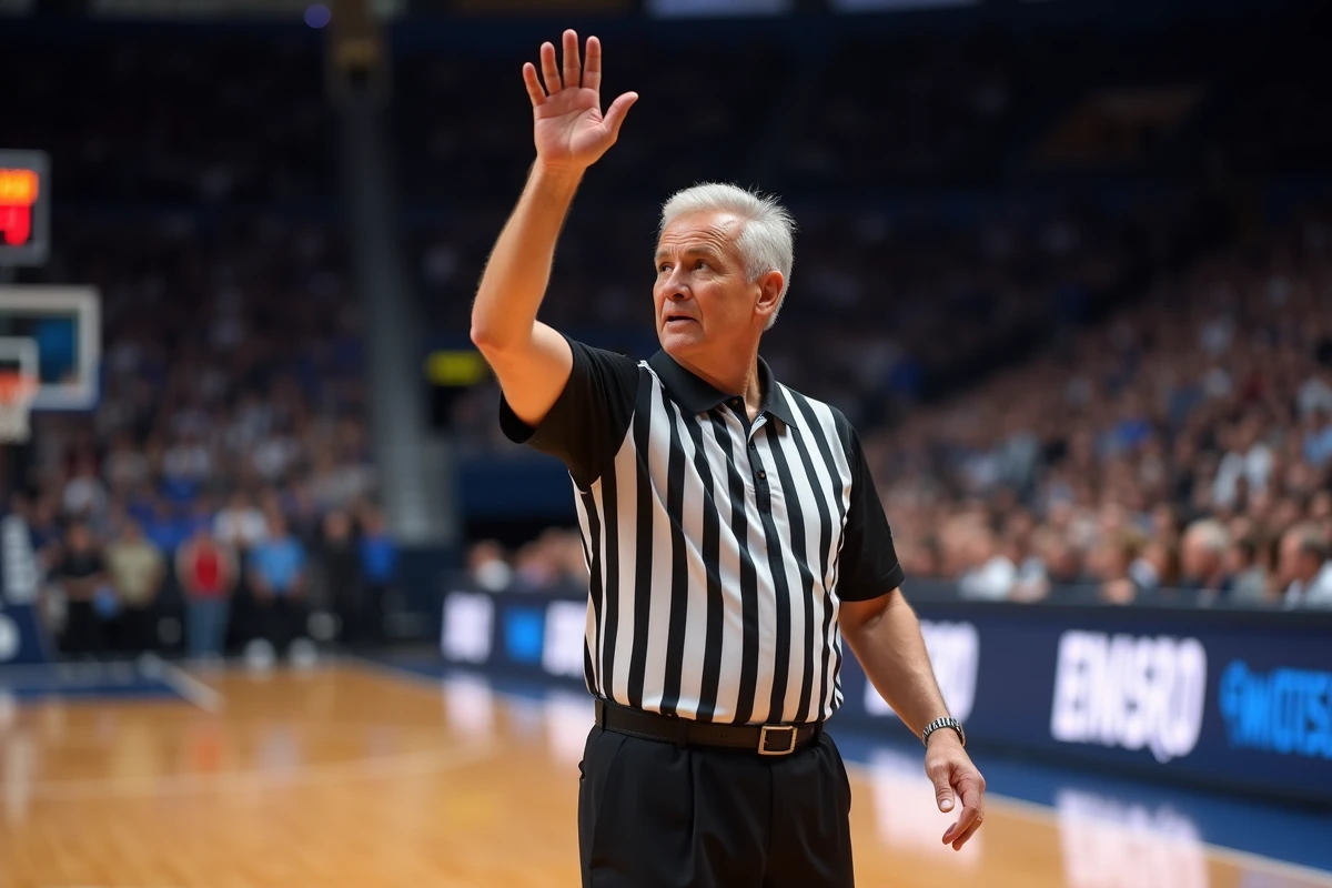 Arbitre de basketball en tenue officielle effectuant un signal de décision lors d'une grande compétition internationale en salle