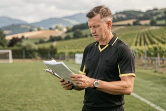 Arbitre du Comité Drôme Ardèche Football vérifiant des documents administratifs en bord de terrain régional