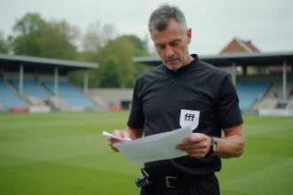 Arbitre FFF en tenue officielle consultant un document administratif sur un terrain de football amateur en Essonne, district FFF 91