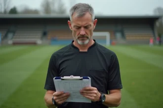 Arbitre de football amateur consultant une feuille de match officielle sur le bord du terrain dans l'Aisne