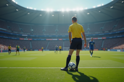 Arbitre de football plaçant le ballon au centre du stade