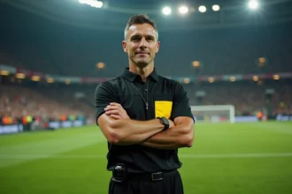 Arbitre de football en tenue officielle noire au centre d'un grand stade international avant un match de haute importance