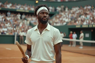 Arthur Ashe en tenue de tennis blanche après sa victoire à l'US Open