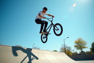 Athlète en plein saut BMX contre un ciel bleu en ville