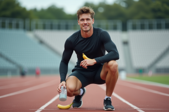 Athlète en course avec banane et eau sur piste moderne