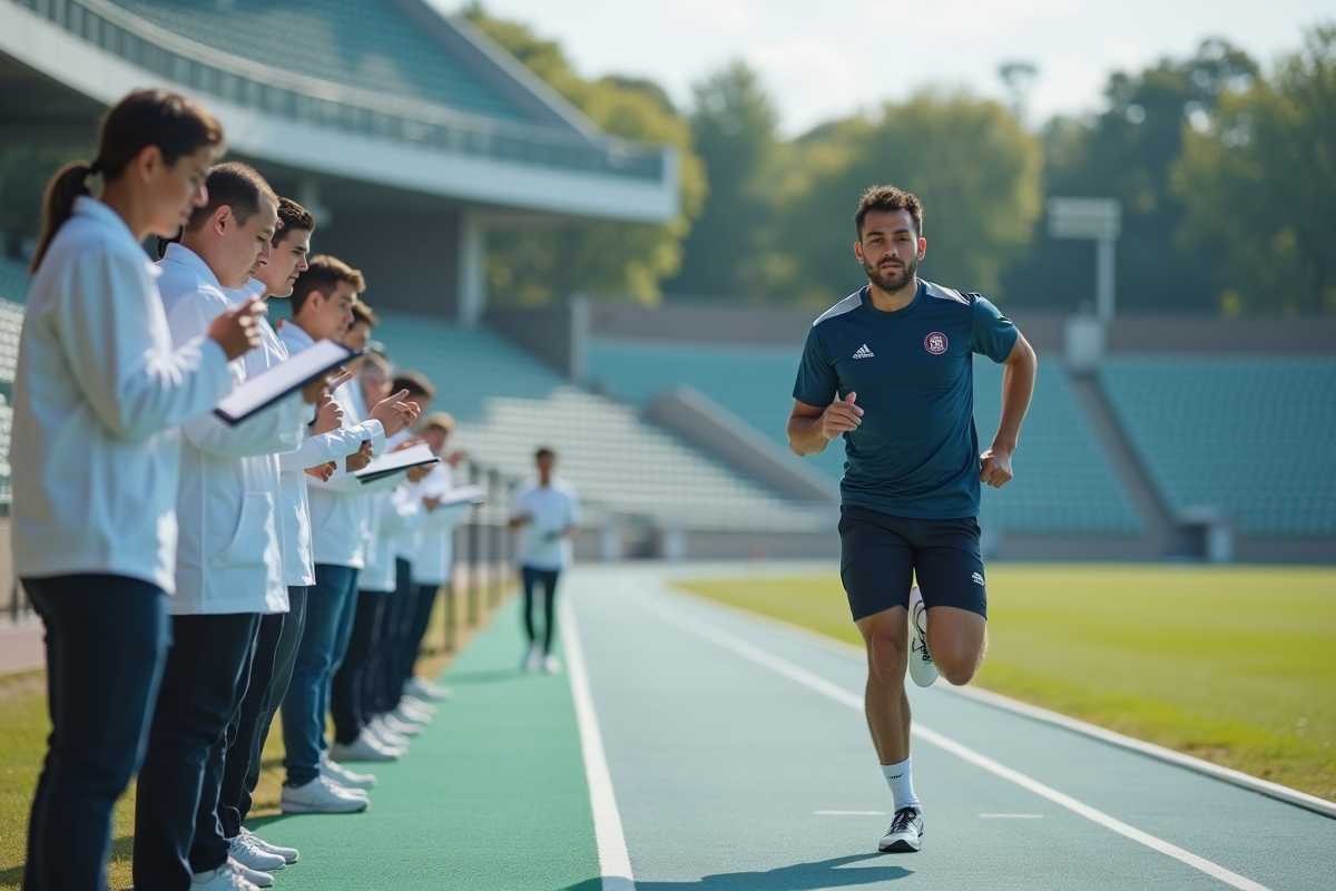 Athlète en entraînement sur piste avec chercheurs en extérieur