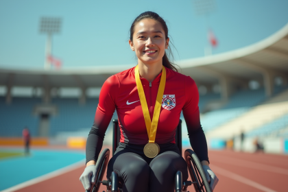 Athlète paralympique féminine en fauteuil roulant avec médaille