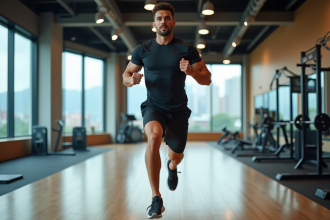 Athlète homme sautant en salle de sport moderne