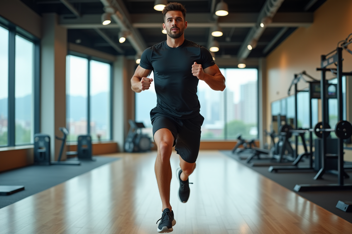 Athlète homme sautant en salle de sport moderne