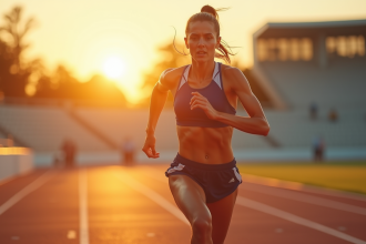 athlete femme sprintant au lever du soleil sur piste moderne