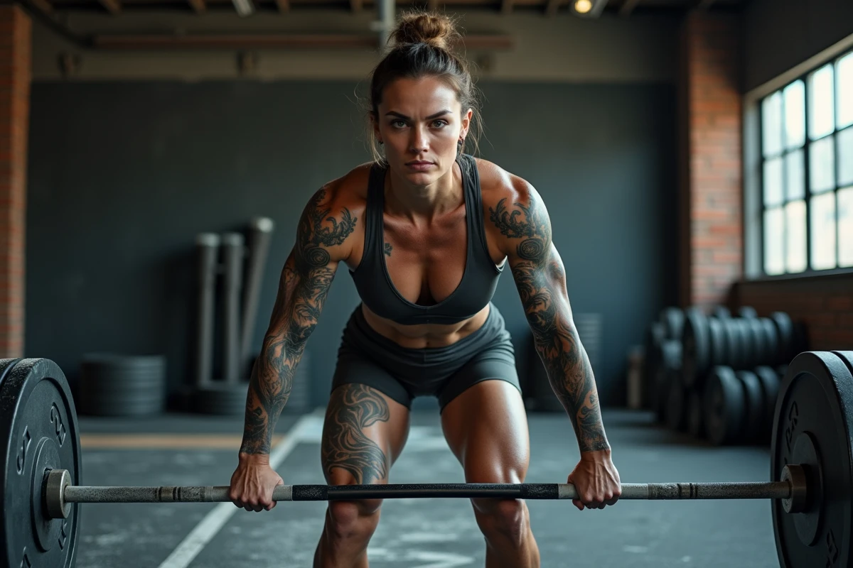 Athlète féminine musclée et tatouée soulevant une barre de musculation dans une salle de sport professionnelle, illustrant la transformation physique d'une catcheuse