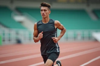 Jeune homme en course sur piste d'athlétisme en plein effort