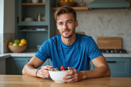 Jeune athlète mangeant un bol de flocons avec baies fraîches