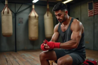 Boxer thaï de 34 ans s'enroulant les mains avant un entraînement de Muay Thai dans une salle traditionnelle