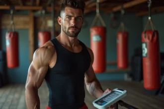 Boxeur sur une balance dans une salle de boxe professionnelle avant un pesage officiel de catégorie de poids