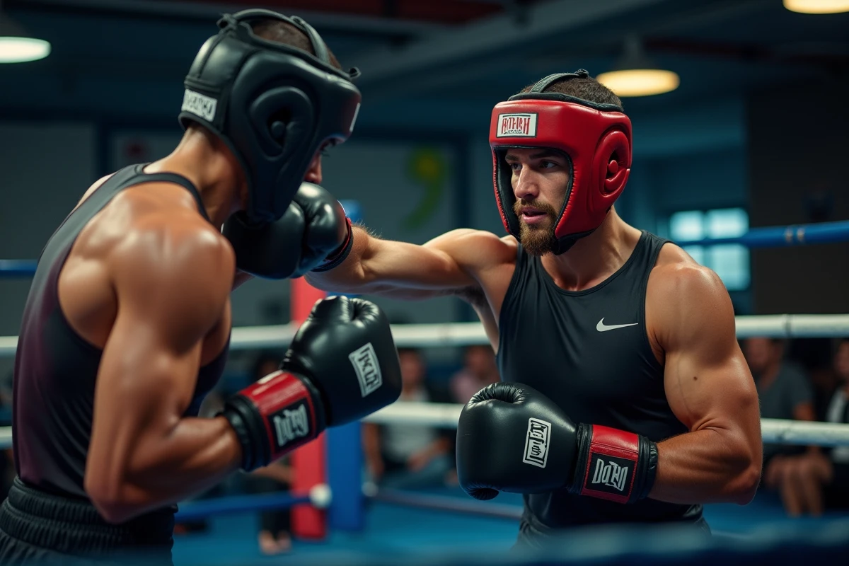Boxeur en plein sparring dans un ring professionnel portant un équipement complet lors d'une préparation pour changer de catégorie