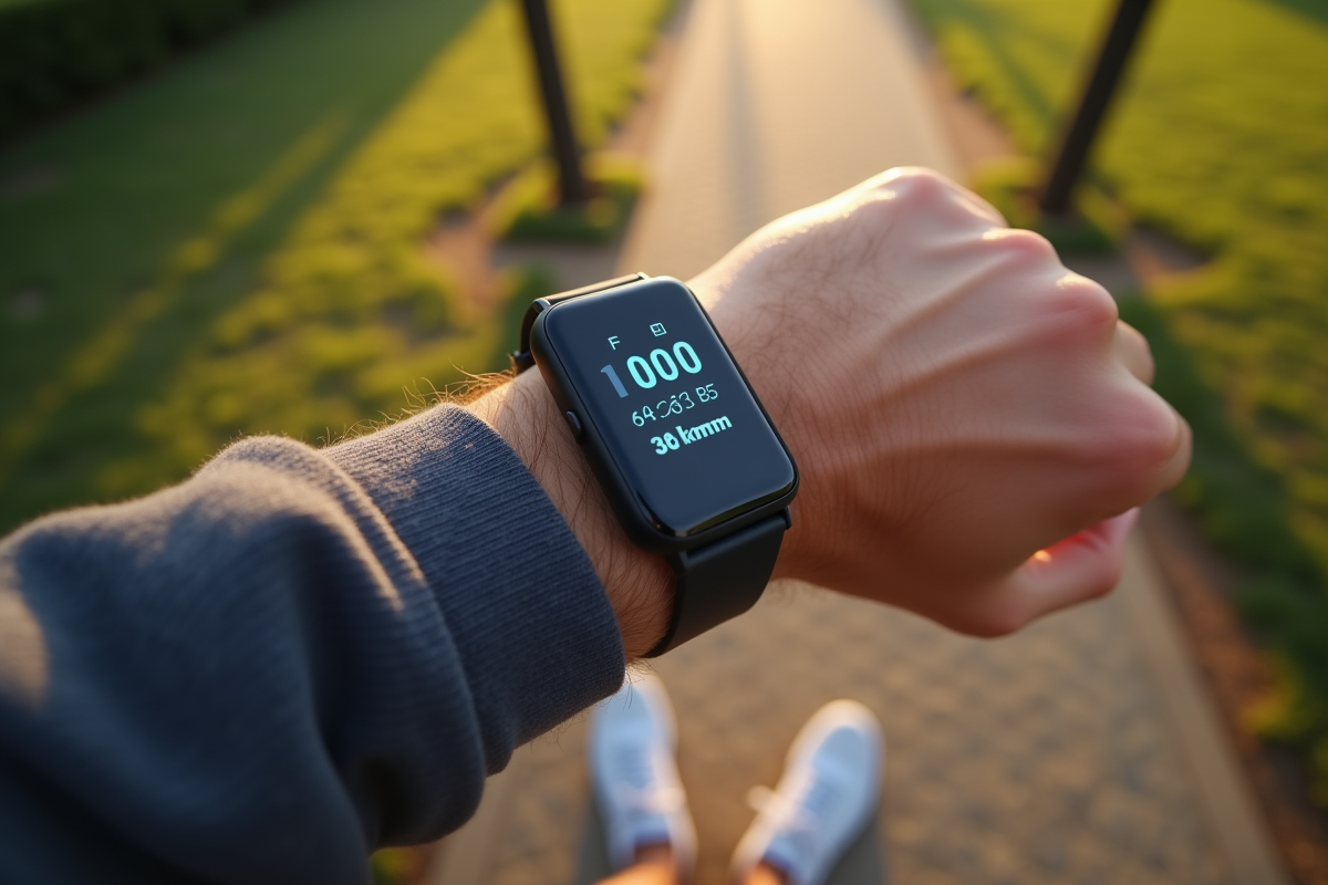 Vue du bracelet connecté affichant 1000 pas sur un chemin de parc