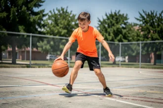 Garçon de 11 ans sportif et hyperactif qui dribble un ballon de basket en plein air sur un terrain bétonné