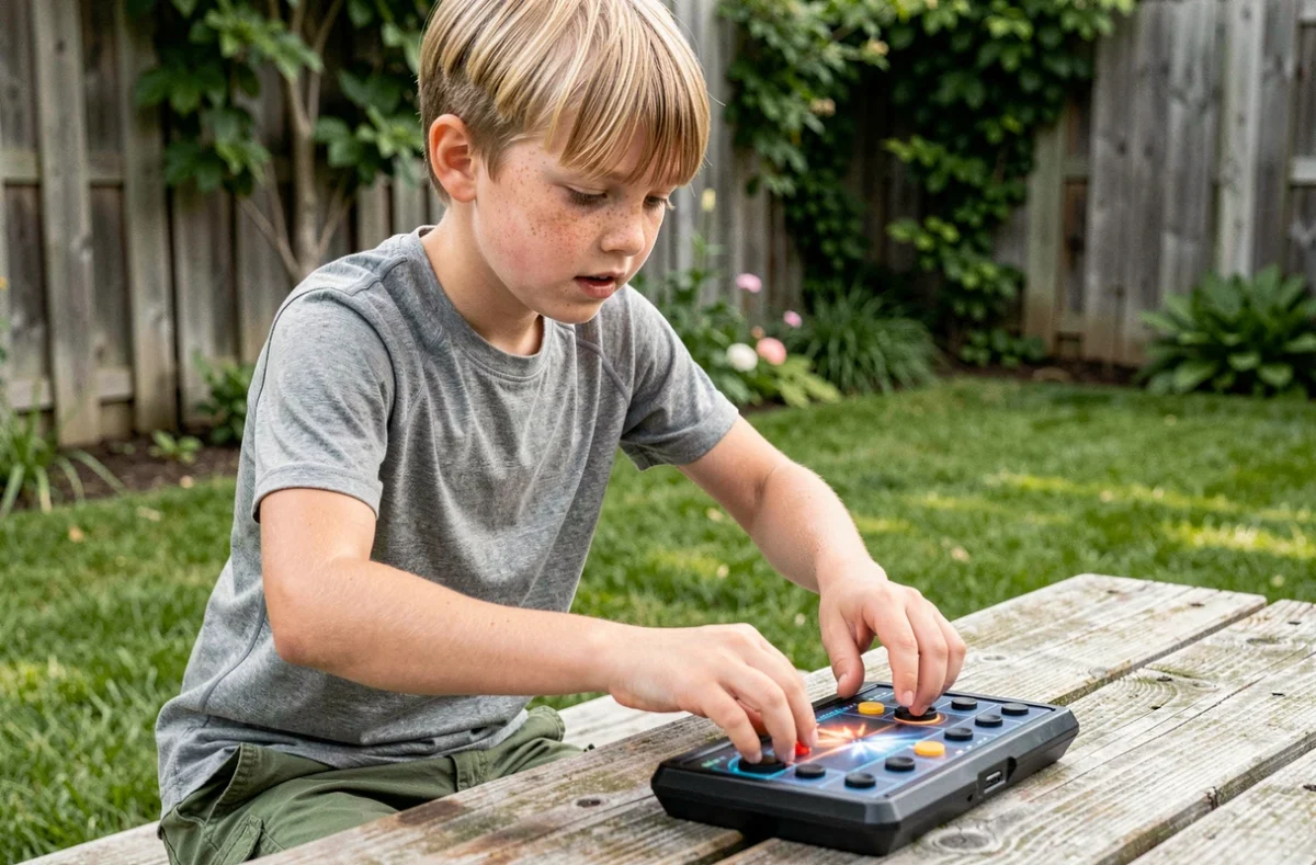Garçon de 11 ans concentré sur un jeu de réflexes en plein air dans le jardin, idée cadeau pour enfant hyperactif