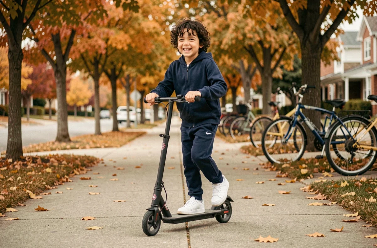 Enfant hyperactif de 11 ans en trottinette sur un trottoir en automne, cadeau idéal pour garçon sportif
