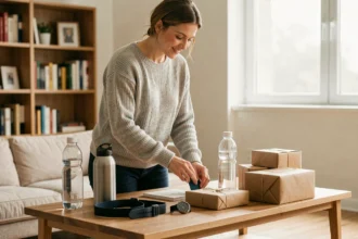 Femme choisissant un cadeau sportif pour homme parmi plusieurs articles posés sur une table en bois dans un salon chaleureux