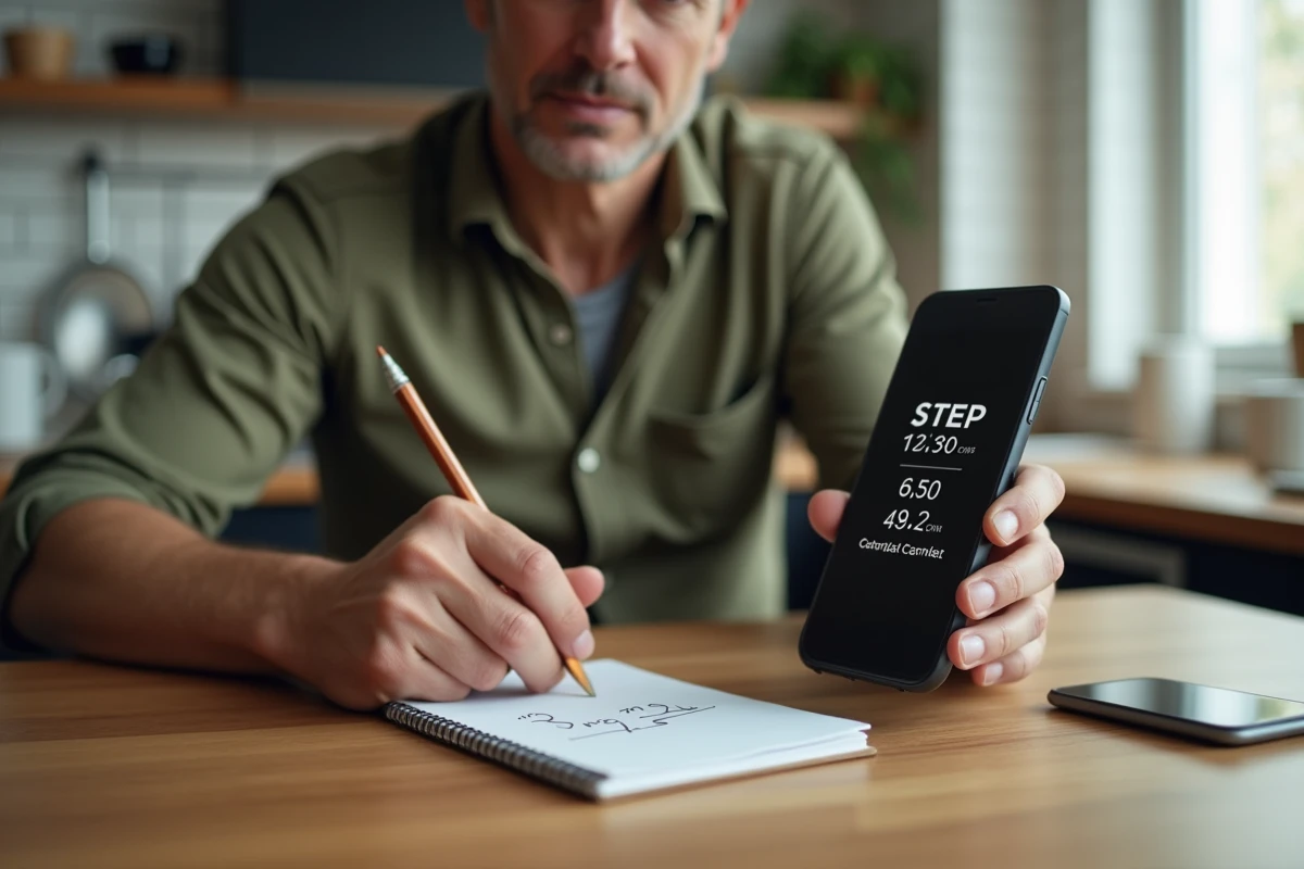 Homme calculant la conversion de pas en kilomètres sur un bloc-notes avec son smartphone affichant un compteur de pas