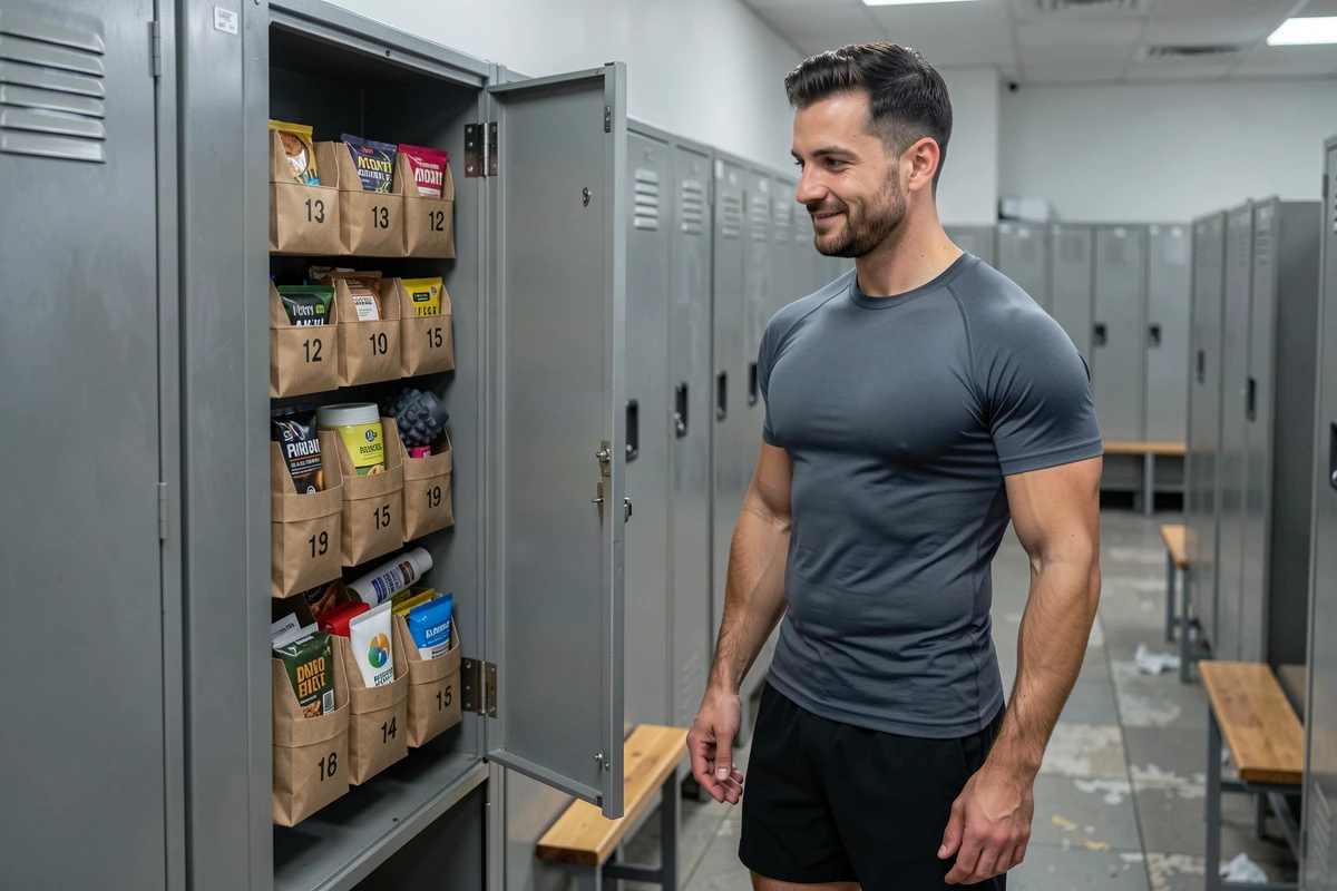Homme sportif devant un casier de gym avec un calendrier de l'Avent bien-être masculin