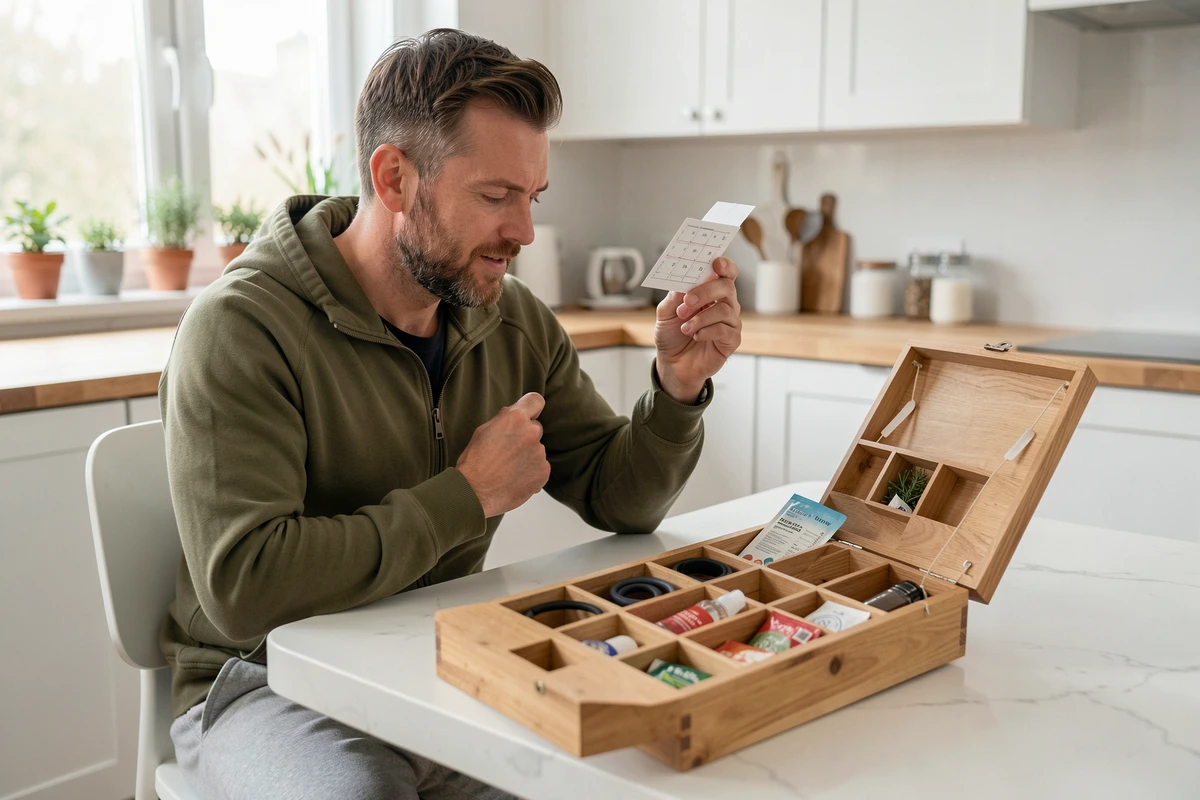 Homme en tenue sportive explorant un calendrier de l'Avent fitness en bois dans une cuisine moderne