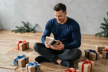 Homme sportif assis entouré de cadeaux de calendrier de l'Avent fitness dans un appartement moderne