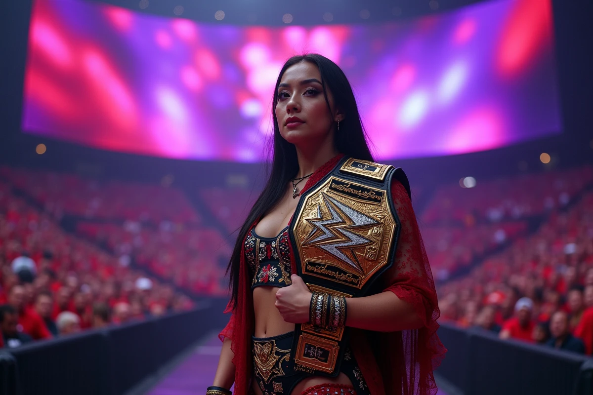 Catcheuse avec ceinture de championnat sur rampe d'entrée WWE, décor LED et foule en arrière-plan, symbolisant la gloire et les titres obtenus