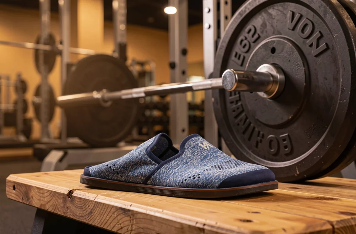 Chaussures de musculation à semelle plate posées près d'une barre chargée