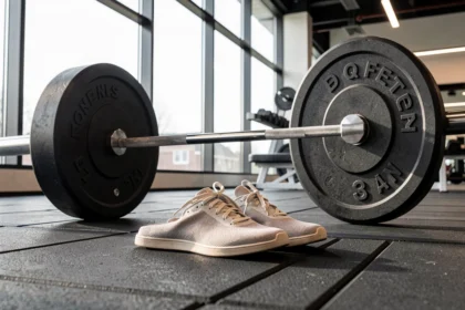 Chaussures de training posées sur le sol d'une salle de sport