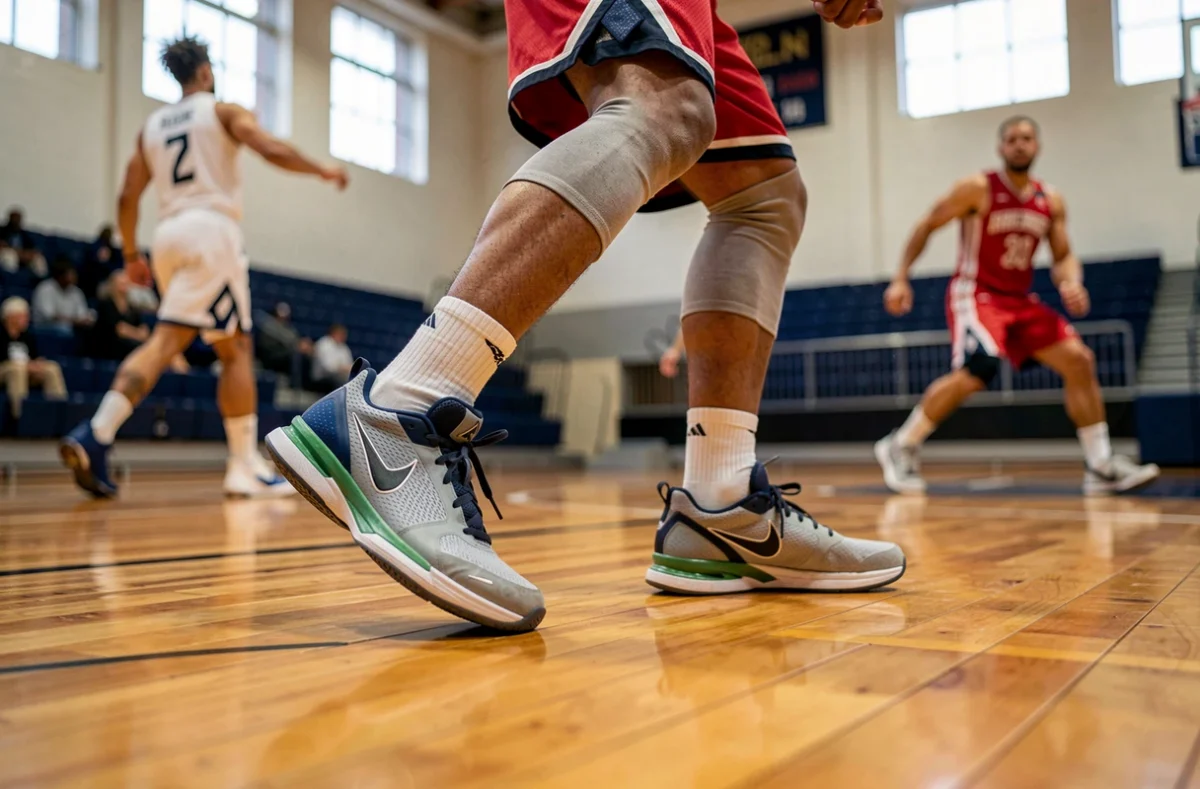 Chaussures indoor d'un joueur de basket sur un parquet de gymnase