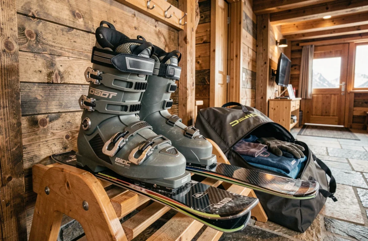 Chaussures de ski et skis de haute performance posés sur un rack en bois dans un chalet alpin