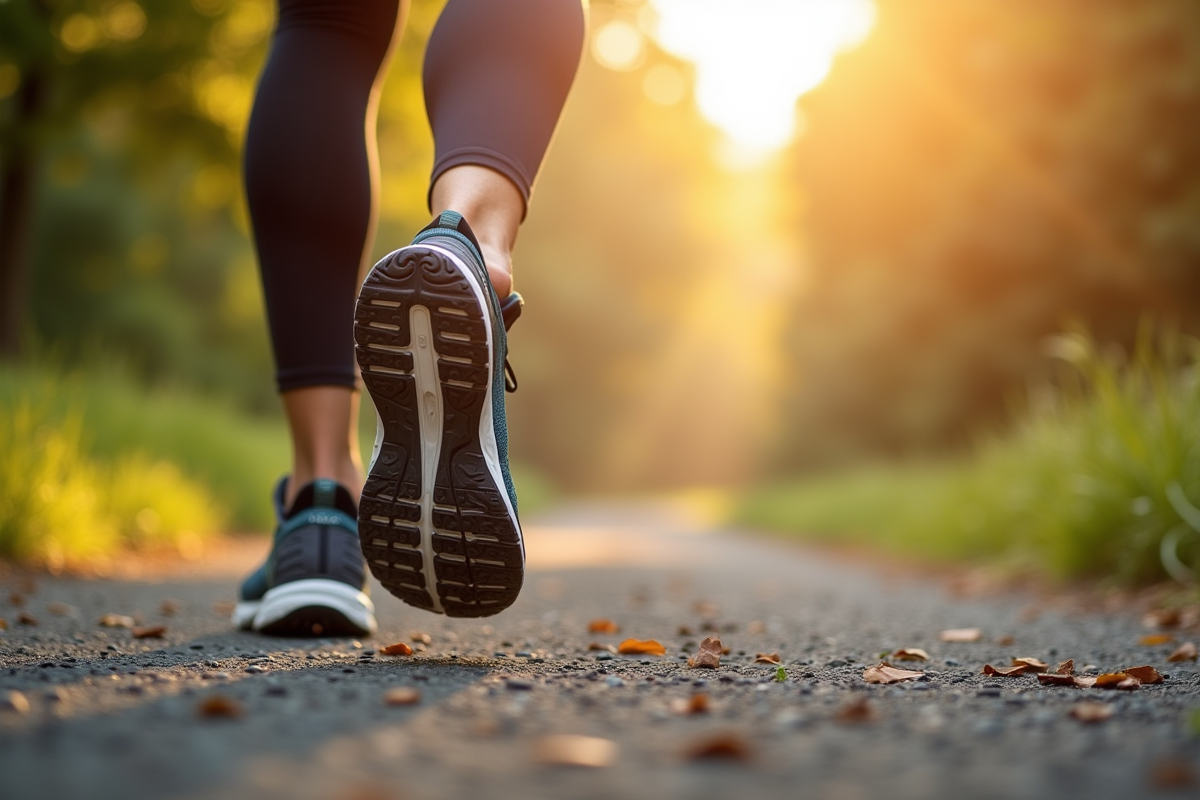Gros plan sur des chaussures de sport sur un chemin de gravier