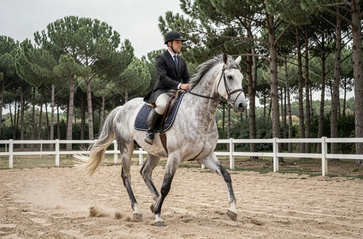 Cheval andalou gris au petit galop en carrière avec cavalier, illustration des différentes allures équestres en km/h