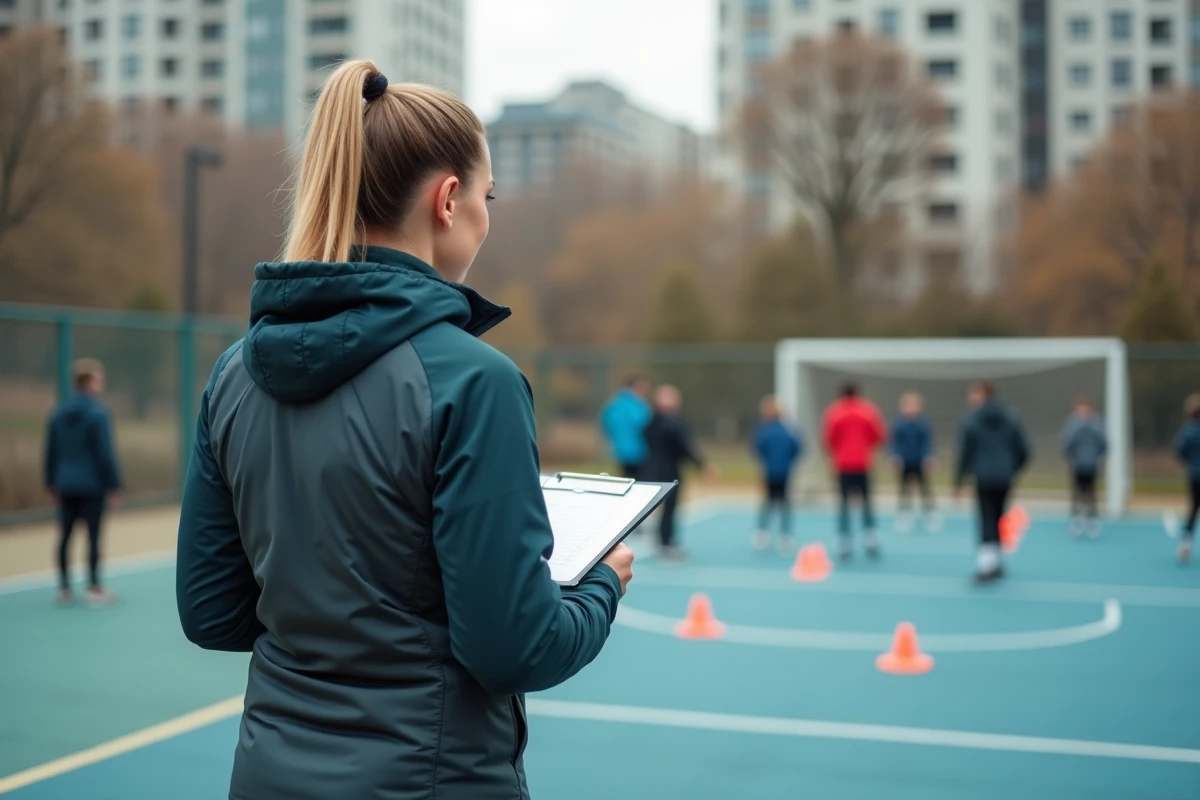 Entraîneuse de handball observant un entraînement en extérieur
