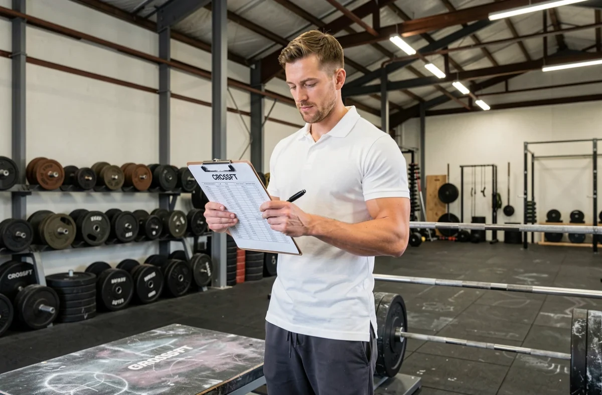 Coach en musculation analysant un programme d'entraînement avec charges et séries sur une fiche structurée dans une salle de sport professionnelle