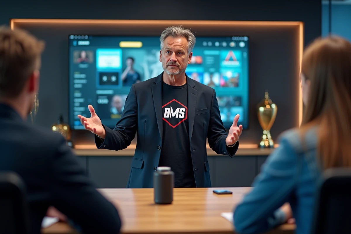 Coach esport en discussion avec son equipe dans une salle moderne