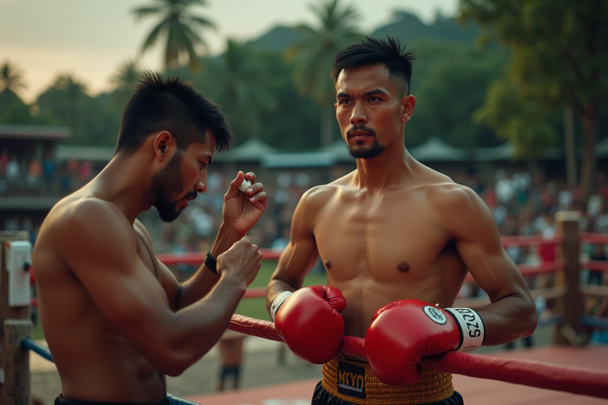 Combattant de Muay Thai de 41 ans dans le coin du ring lors d'un combat en Thaïlande, soutenu par son coach