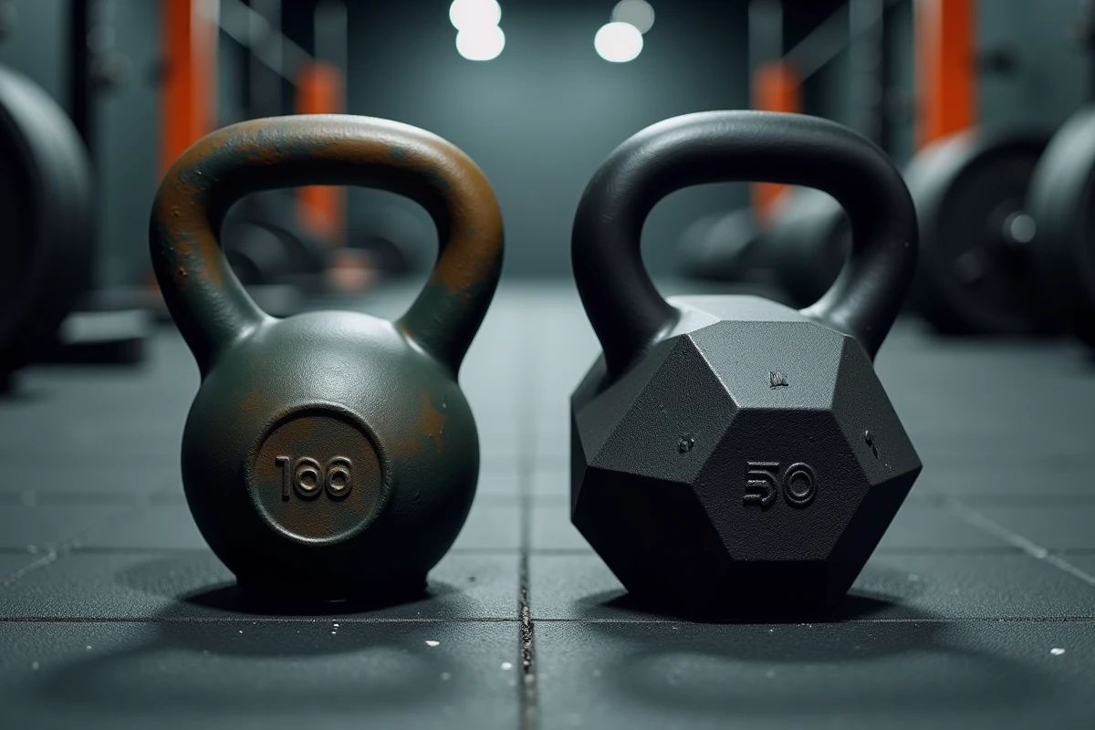 Comparaison entre un kettlebell en fonte et un haltère hexagonal sur le sol d'une salle de fitness