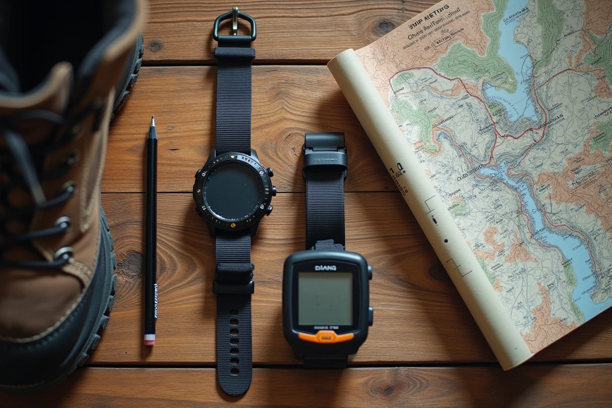 Comparaison à plat d'une montre GPS de randonnée et d'un podomètre simple sur une table en bois rustique avec carte topographique