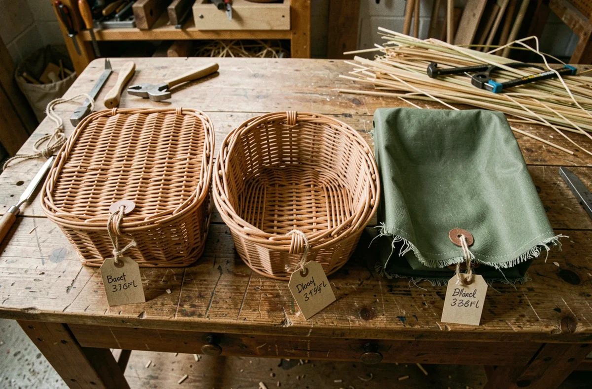 Comparaison de trois paniers vélo de qualités différentes sur une table en bois d'atelier