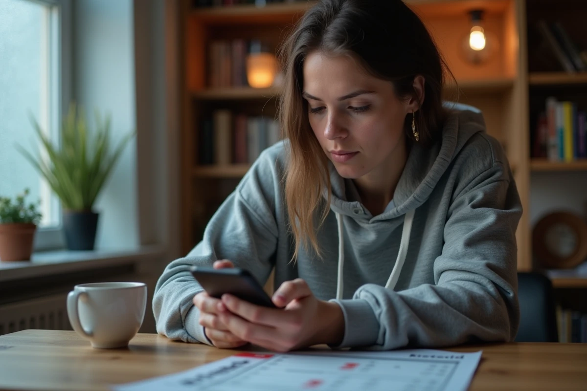 Femme consultant les résultats de football du District Aisne sur son smartphone depuis son domicile